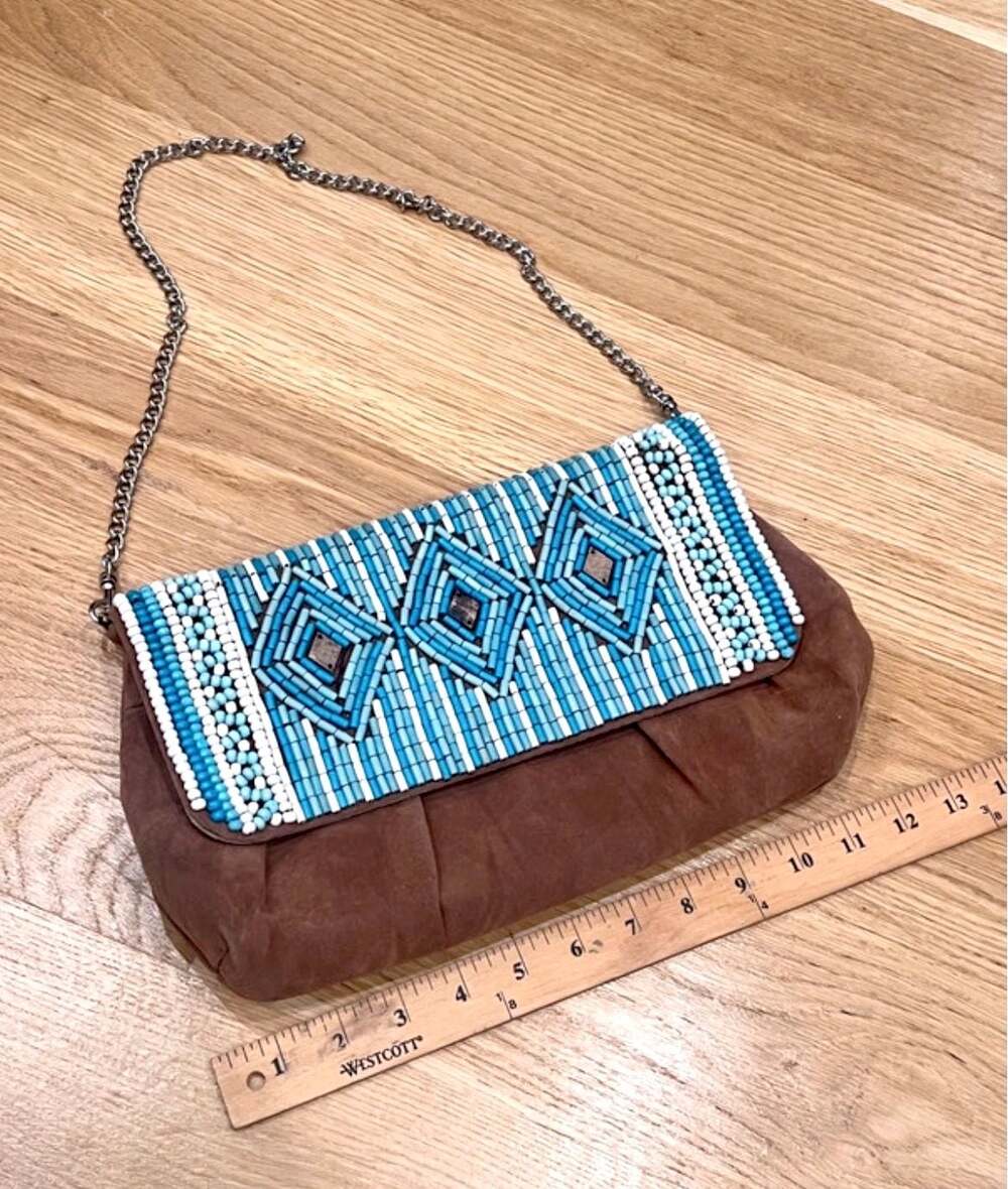 Chico's Brown Faux Suede Boho Turquoise Beaded Shoulder Bag with Chain Strap - Picture 5 of 9